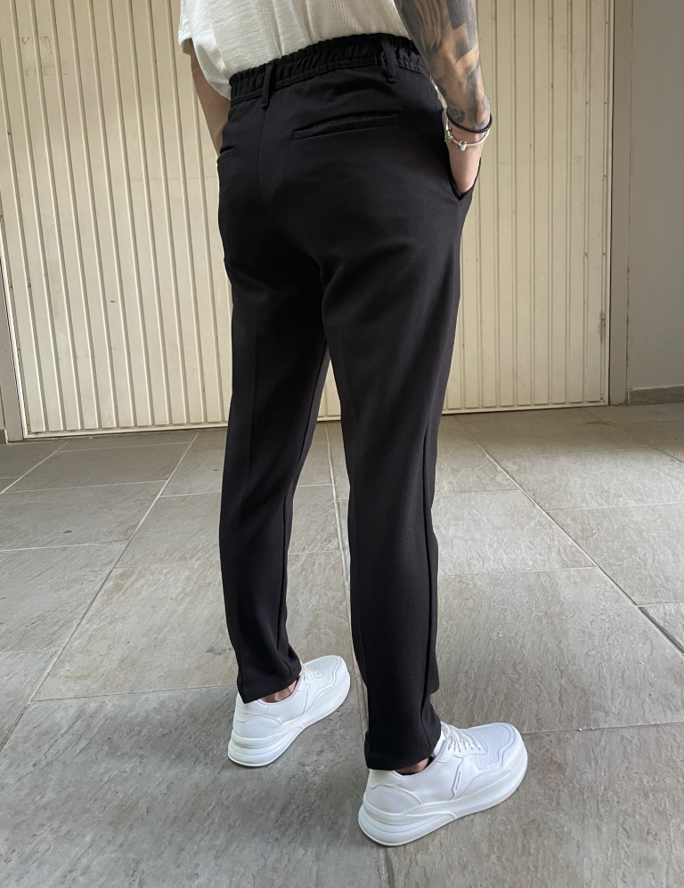 Ανδρικό υφασμάτινο μαύρο παντελόνι με λάστιχο και κουμπί FCL24095Μ φωτογραφία